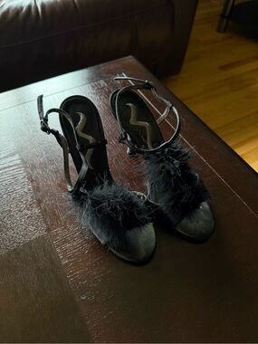 Nino BOSSI Black Feather-Trim Stiletto Sandals